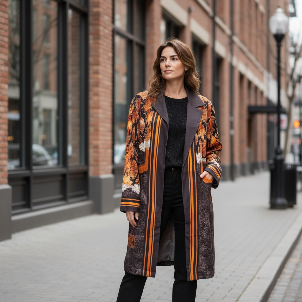 Veste longue Livia portée dans la rue par notre mannequin