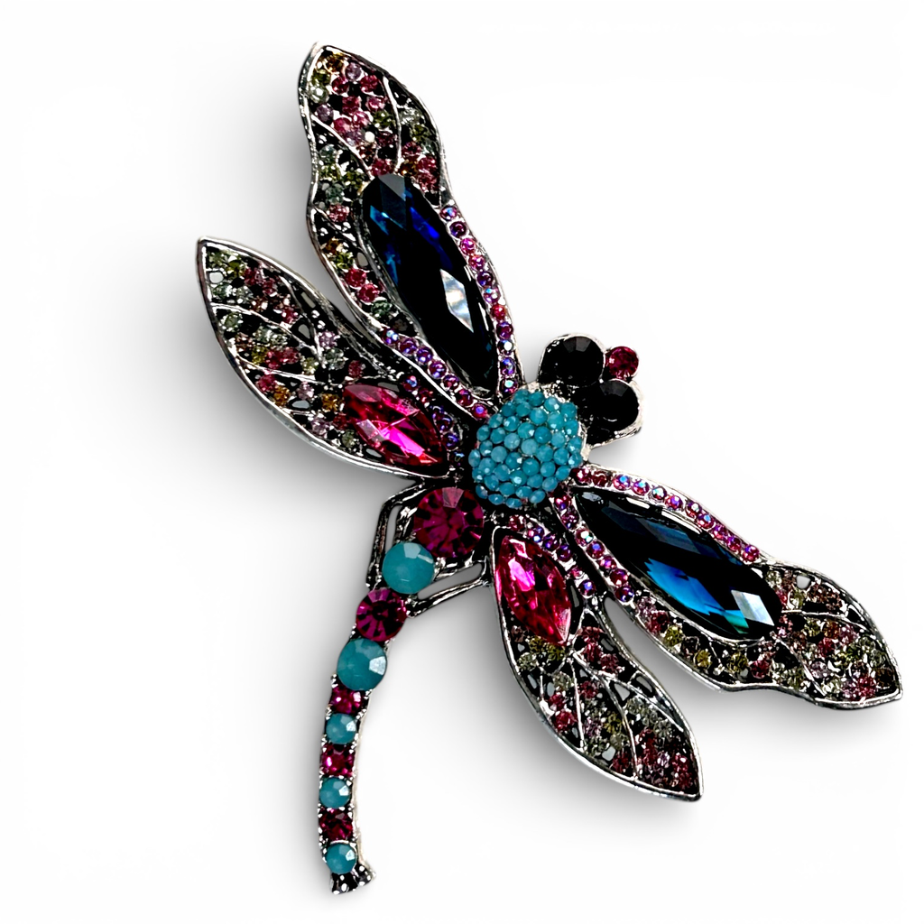 Broche Libellule fushia et turquoise