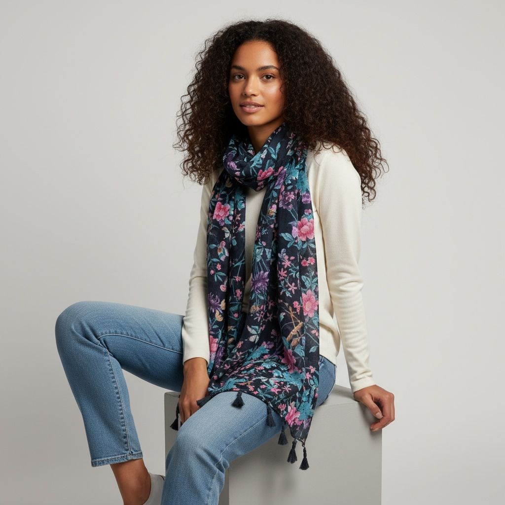 Grande écharpe imprimée Frange délicate (Fleurs et Papillons)