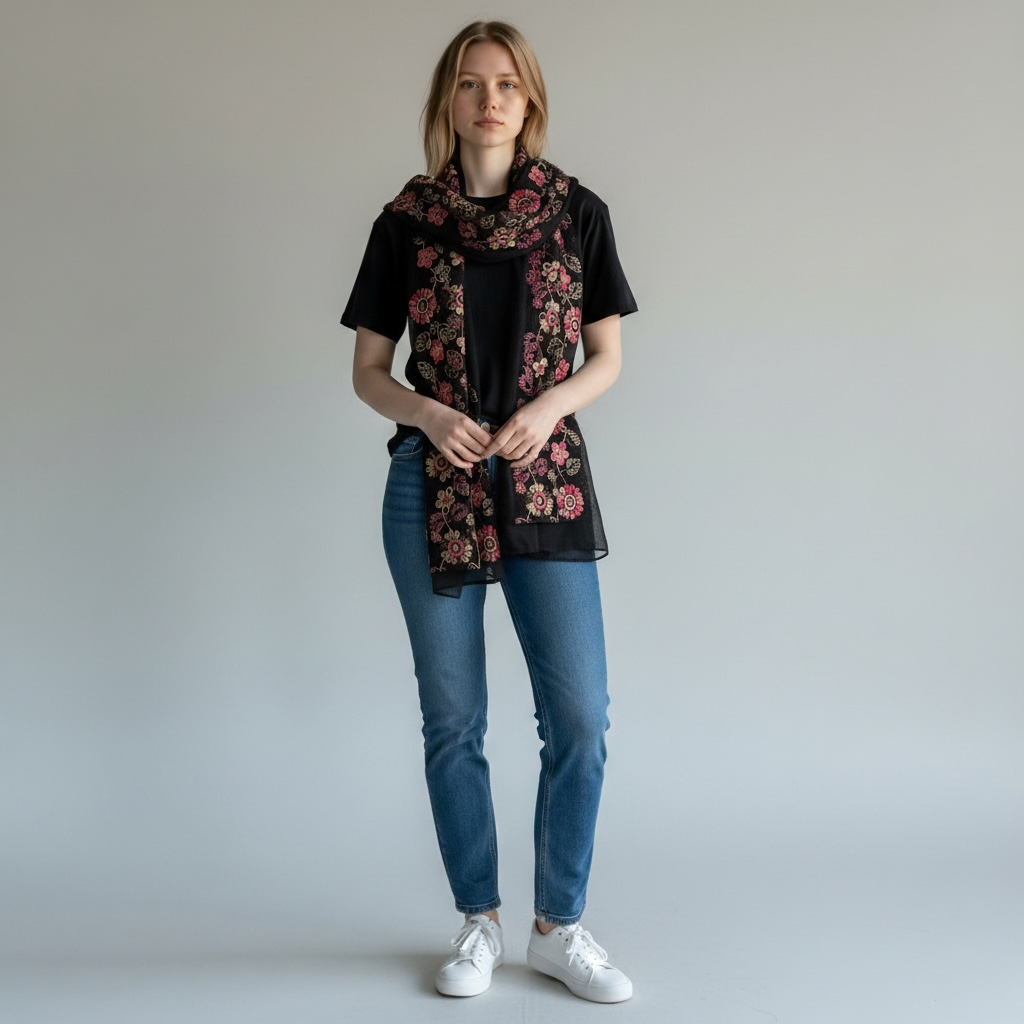 Étole Flora Brodée (Noir)