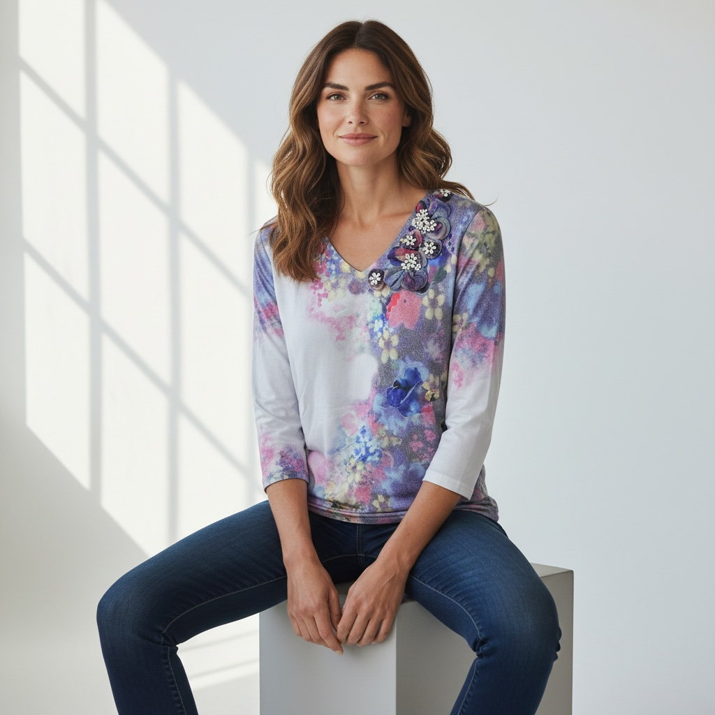 Pull Fleur d'Organza manches 3/4 (S, Fushia)