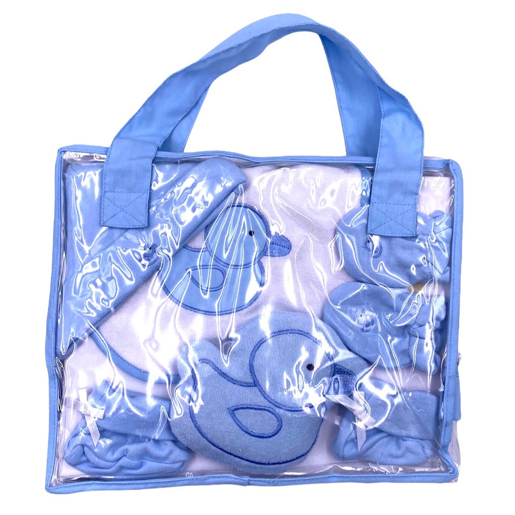 Sac cadeau moufles, chaussons, bonnet, bavoir, doudou thème canard (Canard bleu ciel)