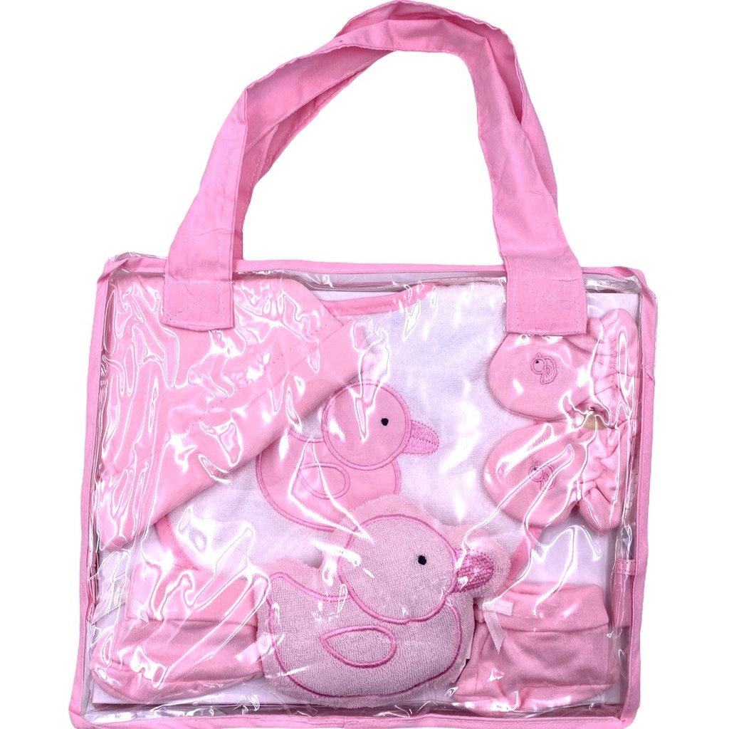 Sac cadeau moufles, chaussons, bonnet, bavoir, doudou thème canard