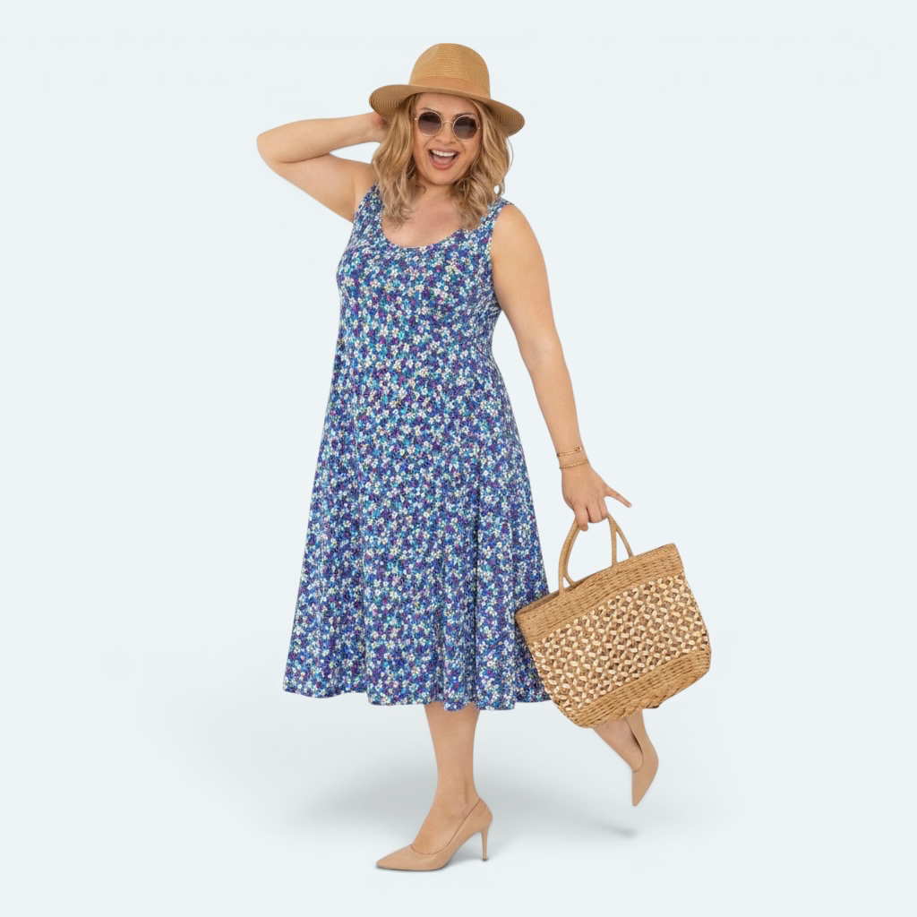 Robe Lucia- Robe fluide sans manches grande taille (46/48, Petites fleurs bleues)